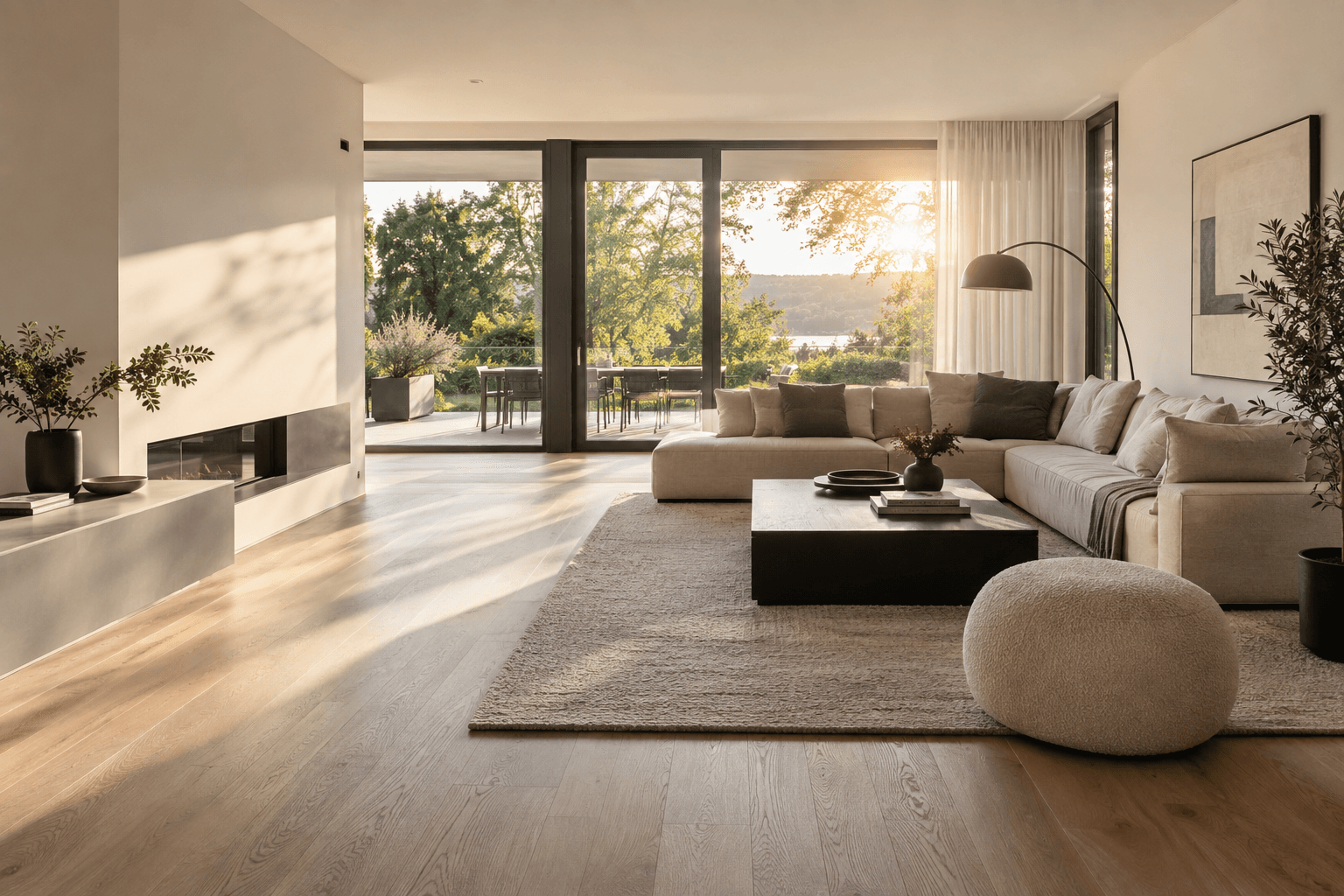 Professionell fotografierter, heller Wohnraum mit großen Fenstern